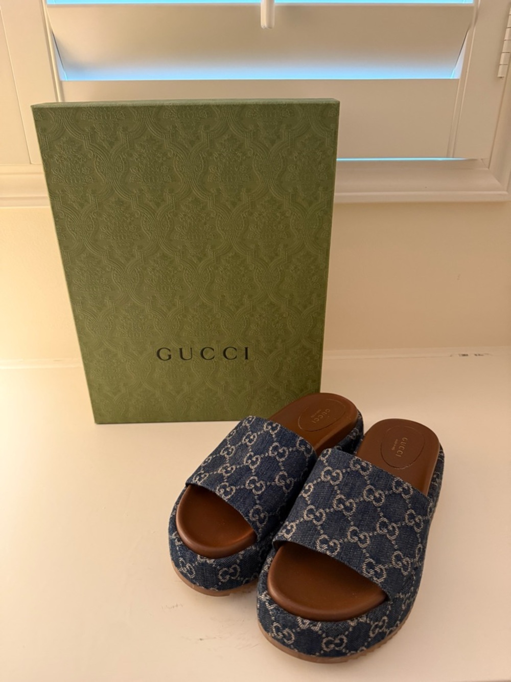 Gucci Denim GG Platform Slides - Blue & Brown